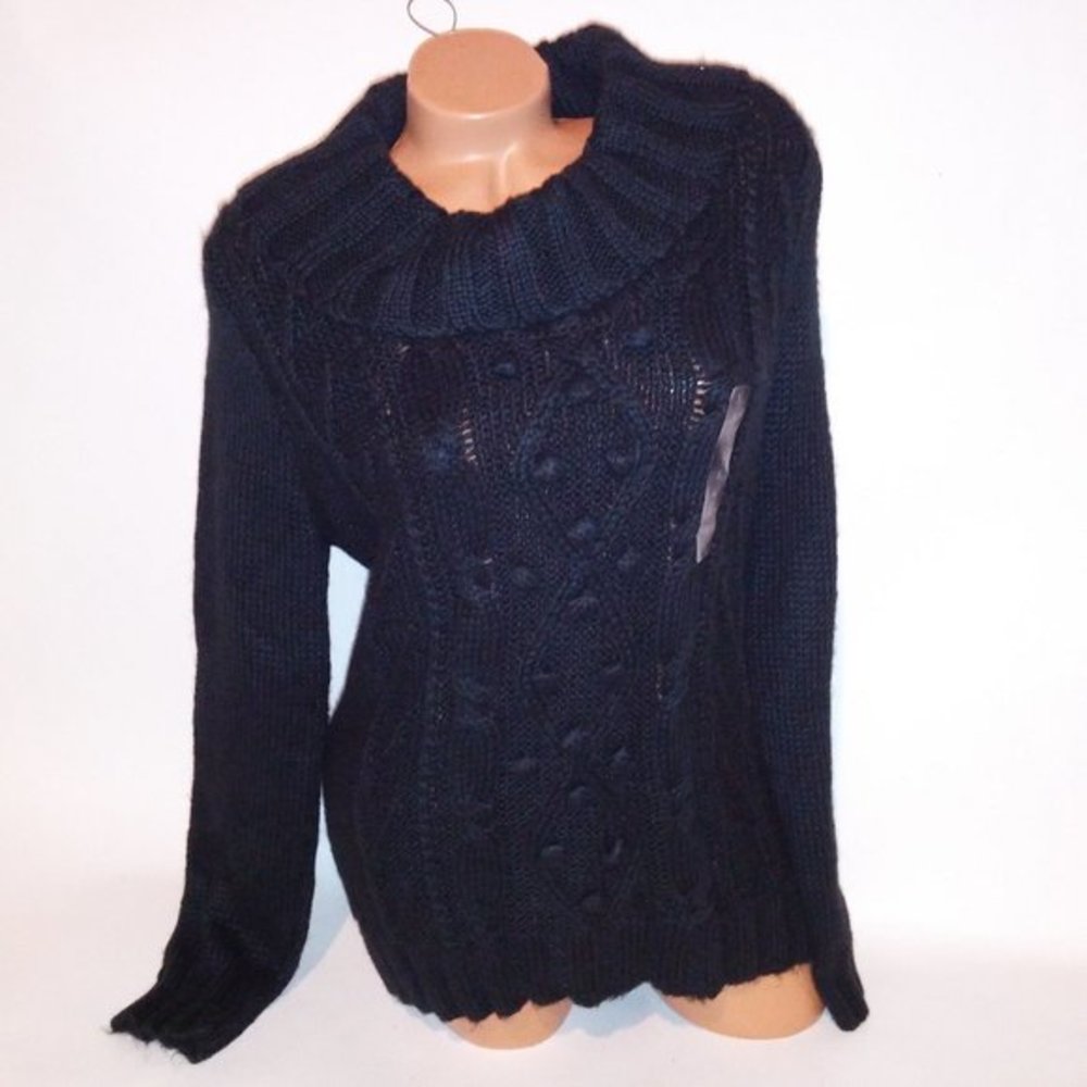 St. Johns Bay Sweater Large Black Chunky Knit Long Sleeve Cowl Neck Pom Poms‎